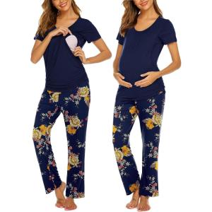 image:imageEkouaer Womens Nursing Pajamas Maternity Breastfeeding Pjs Sleepwear Layer Soft Postpartum Lounge Set Pregnancy ClothesFloral Navy Blue