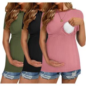 image:imageEkouaer Womens Nursing Tops 3 Pack Short Sleeve Ribbed Breastfeeding Shirts Double Layer Maternity Shirt Pregnancy ClothesBlackArmy GreenPink