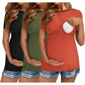 image:imageEkouaer Womens Nursing Tops 3 Pack Short Sleeve Ribbed Breastfeeding Shirts Double Layer Maternity Shirt Pregnancy ClothesBlackCaramelArmy Green