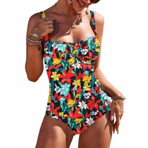 image:imageEkouaer Womens One Piece Swimsuit Ruched Tummy Control Bathing Suits Vintage Retro Push Up SwimwearBlack Multi Floral