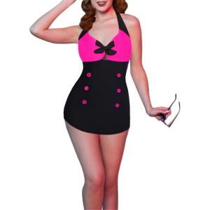 image:imageEkouaer Womens One Piece Swimsuits Vintage Striped Skirt Bathing Suit Vintage Retro Push Up SwimwearBlack Pink