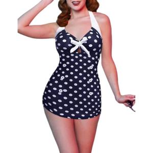 image:imageEkouaer Womens One Piece Swimsuits Vintage Striped Skirt Bathing Suit Vintage Retro Push Up SwimwearBlack Polka Dot
