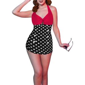 image:imageEkouaer Womens One Piece Swimsuits Vintage Striped Skirt Bathing Suit Vintage Retro Push Up SwimwearBlack Polka Dot2