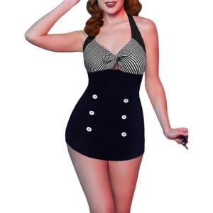 image:imageEkouaer Womens One Piece Swimsuits Vintage Striped Skirt Bathing Suit Vintage Retro Push Up SwimwearBlack2