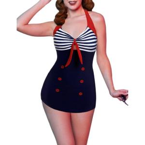 image:imageEkouaer Womens One Piece Swimsuits Vintage Striped Skirt Bathing Suit Vintage Retro Push Up SwimwearBlue
