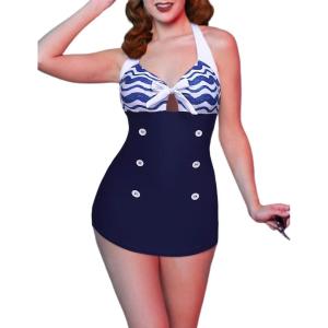 image:imageEkouaer Womens One Piece Swimsuits Vintage Striped Skirt Bathing Suit Vintage Retro Push Up SwimwearBlue Pattern