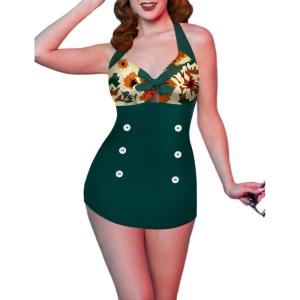 image:imageEkouaer Womens One Piece Swimsuits Vintage Striped Skirt Bathing Suit Vintage Retro Push Up SwimwearLeaf Print