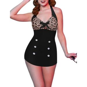 image:imageEkouaer Womens One Piece Swimsuits Vintage Striped Skirt Bathing Suit Vintage Retro Push Up SwimwearLeopard Print Black
