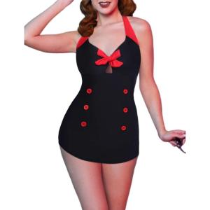 image:imageEkouaer Womens One Piece Swimsuits Vintage Striped Skirt Bathing Suit Vintage Retro Push Up SwimwearNew Black