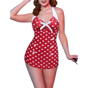 image:imageEkouaer Womens One Piece Swimsuits Vintage Striped Skirt Bathing Suit Vintage Retro Push Up SwimwearNew Red Polka Dot