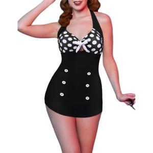 image:imageEkouaer Womens One Piece Swimsuits Vintage Striped Skirt Bathing Suit Vintage Retro Push Up SwimwearPolka Dot