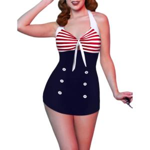 image:imageEkouaer Womens One Piece Swimsuits Vintage Striped Skirt Bathing Suit Vintage Retro Push Up SwimwearRed