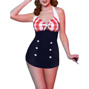 image:imageEkouaer Womens One Piece Swimsuits Vintage Striped Skirt Bathing Suit Vintage Retro Push Up SwimwearRed Plaid