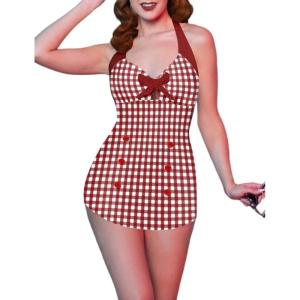 image:imageEkouaer Womens One Piece Swimsuits Vintage Striped Skirt Bathing Suit Vintage Retro Push Up SwimwearRed Plaid Retro