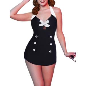 image:imageEkouaer Womens One Piece Swimsuits Vintage Striped Skirt Bathing Suit Vintage Retro Push Up SwimwearSolid Black
