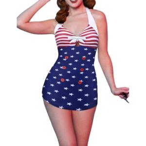image:imageEkouaer Womens One Piece Swimsuits Vintage Striped Skirt Bathing Suit Vintage Retro Push Up SwimwearUsa Flag