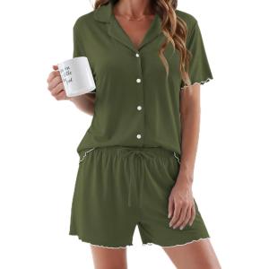 image:imageEkouaer Womens Pajama Sets Button Up Pjs Shorts Sets Soft Sleepwear 2 Piece Lounge Sets for Bridal Parties Postpartum SXXLArmy Green