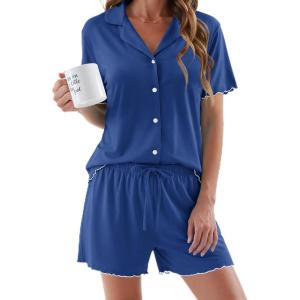 image:imageEkouaer Womens Pajama Sets Button Up Pjs Shorts Sets Soft Sleepwear 2 Piece Lounge Sets for Bridal Parties Postpartum SXXLDeep Blue