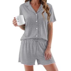 image:imageEkouaer Womens Pajama Sets Button Up Pjs Shorts Sets Soft Sleepwear 2 Piece Lounge Sets for Bridal Parties Postpartum SXXLLight Grey