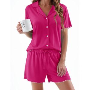 image:imageEkouaer Womens Pajama Sets Button Up Pjs Shorts Sets Soft Sleepwear 2 Piece Lounge Sets for Bridal Parties Postpartum SXXLRose Red