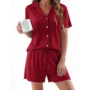 image:imageEkouaer Womens Pajama Sets Button Up Pjs Shorts Sets Soft Sleepwear 2 Piece Lounge Sets for Bridal Parties Postpartum SXXLWine Red