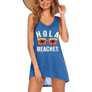 image:imageEkouaer Womens Sleeveless Swimwear Coverups TShirt Beach Dress Tank Bikini Cover Up with PrintOcean Blue