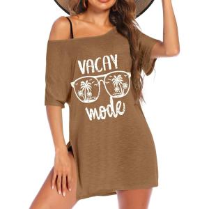 image:imageEkouaer Womens Swimsuit Beach Cover Up Short Sleeve Cover Ups for Swimwear Bathing Suit Coverups SXXXLBrown Coconut Tree  Letter