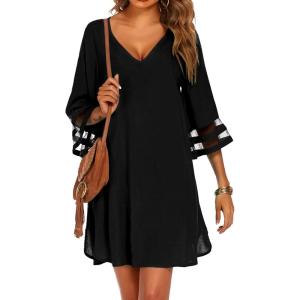 image:imageEkouaer Womens Swimsuit Cover Up 34 Bell Sleeve Beachwear Coverups Deep VNeck Bikini Beach Dress S3XLBlack