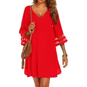 image:imageEkouaer Womens Swimsuit Cover Up 34 Bell Sleeve Beachwear Coverups Deep VNeck Bikini Beach Dress S3XLRed