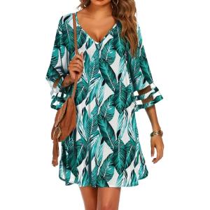 image:imageEkouaer Womens Swimsuit Cover Up 34 Bell Sleeve Beachwear Coverups Deep VNeck Bikini Beach Dress S3XLY Big Green Leaves