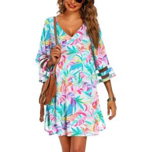 image:imageEkouaer Womens Swimsuit Cover Up 34 Bell Sleeve Beachwear Coverups Deep VNeck Bikini Beach Dress S3XLY Fantasy Vacation Multi