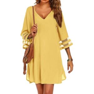image:imageEkouaer Womens Swimsuit Cover Up 34 Bell Sleeve Beachwear Coverups Deep VNeck Bikini Beach Dress S3XLYellow
