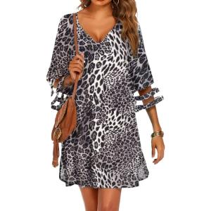 image:imageEkouaer Womens Swimsuit Cover Up 34 Bell Sleeve Beachwear Coverups Deep VNeck Bikini Beach Dress S3XLZ Black Leopard Print
