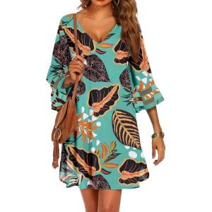 image:imageEkouaer Womens Swimsuit Cover Up 34 Bell Sleeve Beachwear Coverups Deep VNeck Bikini Beach Dress S3XLZ Green Tropical Print