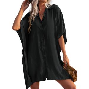 image:imageEkouaer Womens Swimsuit Cover Up 34 Sleeve Beachwear Bikini Coverups Button Down Oversized Cover Up Shirt S3XLBlack