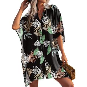 image:imageEkouaer Womens Swimsuit Cover Up 34 Sleeve Beachwear Bikini Coverups Button Down Oversized Cover Up Shirt S3XLBlack Colorful Leaf