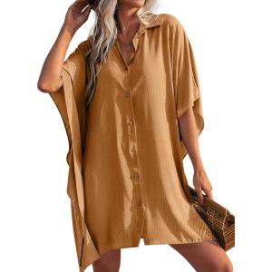 image:imageEkouaer Womens Swimsuit Cover Up 34 Sleeve Beachwear Bikini Coverups Button Down Oversized Cover Up Shirt S3XLCamel