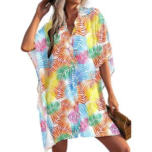 image:imageEkouaer Womens Swimsuit Cover Up 34 Sleeve Beachwear Bikini Coverups Button Down Oversized Cover Up Shirt S3XLColorful Leaves
