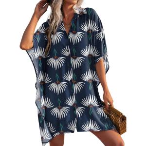 image:imageEkouaer Womens Swimsuit Cover Up 34 Sleeve Beachwear Bikini Coverups Button Down Oversized Cover Up Shirt S3XLGreen White Floral