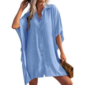 image:imageEkouaer Womens Swimsuit Cover Up 34 Sleeve Beachwear Bikini Coverups Button Down Oversized Cover Up Shirt S3XLLight Blue