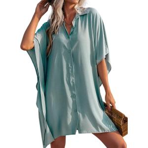 image:imageEkouaer Womens Swimsuit Cover Up 34 Sleeve Beachwear Bikini Coverups Button Down Oversized Cover Up Shirt S3XLLight Green