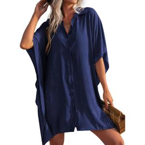 image:imageEkouaer Womens Swimsuit Cover Up 34 Sleeve Beachwear Bikini Coverups Button Down Oversized Cover Up Shirt S3XLNavy Blue