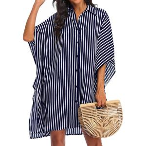 image:imageEkouaer Womens Swimsuit Cover Up 34 Sleeve Beachwear Bikini Coverups Button Down Oversized Cover Up Shirt S3XLNavy Blue Stripe