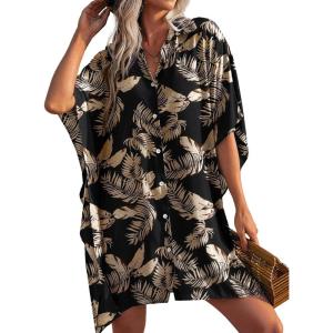 image:imageEkouaer Womens Swimsuit Cover Up 34 Sleeve Beachwear Bikini Coverups Button Down Oversized Cover Up Shirt S3XLPat4leaf