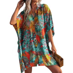 image:imageEkouaer Womens Swimsuit Cover Up 34 Sleeve Beachwear Bikini Coverups Button Down Oversized Cover Up Shirt S3XLPat5leaf