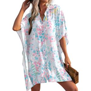 image:imageEkouaer Womens Swimsuit Cover Up 34 Sleeve Beachwear Bikini Coverups Button Down Oversized Cover Up Shirt S3XLPink Blue Water Color
