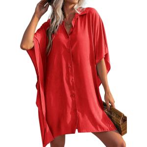 image:imageEkouaer Womens Swimsuit Cover Up 34 Sleeve Beachwear Bikini Coverups Button Down Oversized Cover Up Shirt S3XLRed