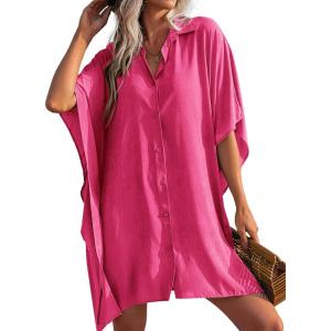 image:imageEkouaer Womens Swimsuit Cover Up 34 Sleeve Beachwear Bikini Coverups Button Down Oversized Cover Up Shirt S3XLRose