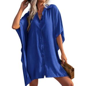image:imageEkouaer Womens Swimsuit Cover Up 34 Sleeve Beachwear Bikini Coverups Button Down Oversized Cover Up Shirt S3XLSnorkel Blue