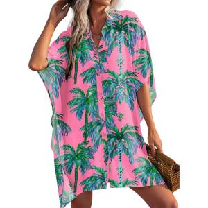 image:imageEkouaer Womens Swimsuit Cover Up 34 Sleeve Beachwear Bikini Coverups Button Down Oversized Cover Up Shirt S3XLWatercolor Coconut Tree